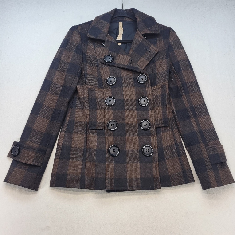 Bailey 44 Pea Coat Womens 2 Brown Plaid Wool Blend Jacket Double Breasted